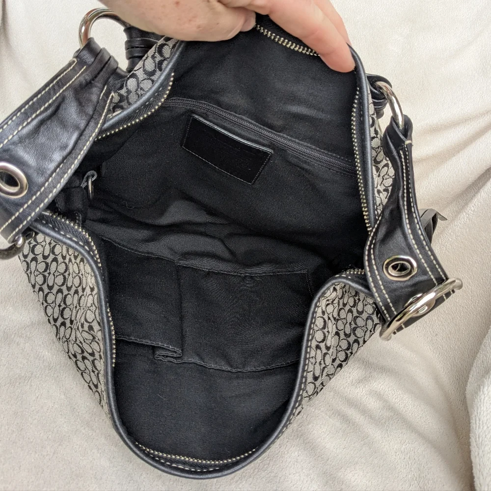 Coach Hobo Bag Signature Mini C Logo Black Gray Canvas Leather Jacquard Shoulder - Picture 6 of 11